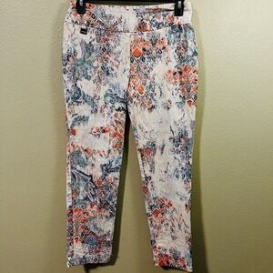Lisette Stretch Pull On Ankle Pants Multi Boho Artsy Watercolor  Cruise Size 8